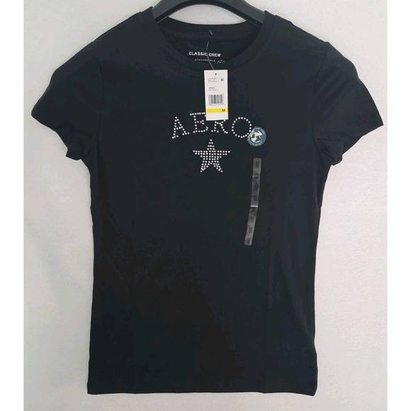 Aeropostale Other - Aeropostale Shirt Womens M Black Classic Crew Short Sleeve Rhinestone AERO Tee